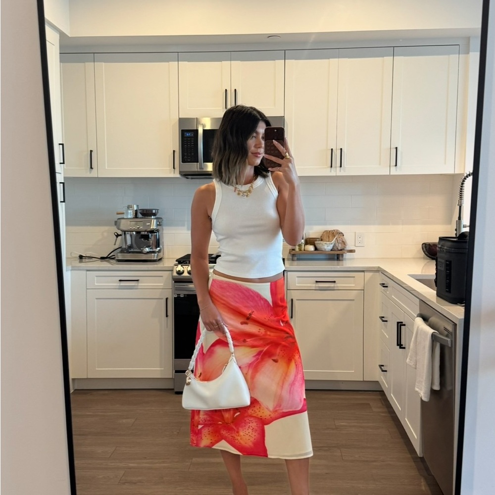 Peppermayo White & Pink-Orange Floral Midi Skirt